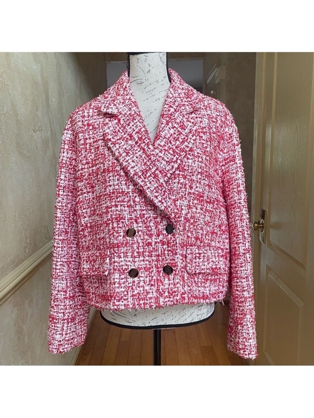 Sandro Cropped Short Tweed Jacket Blazer in Rouge sequins & metallic Sz XL - Picture 7 of 17